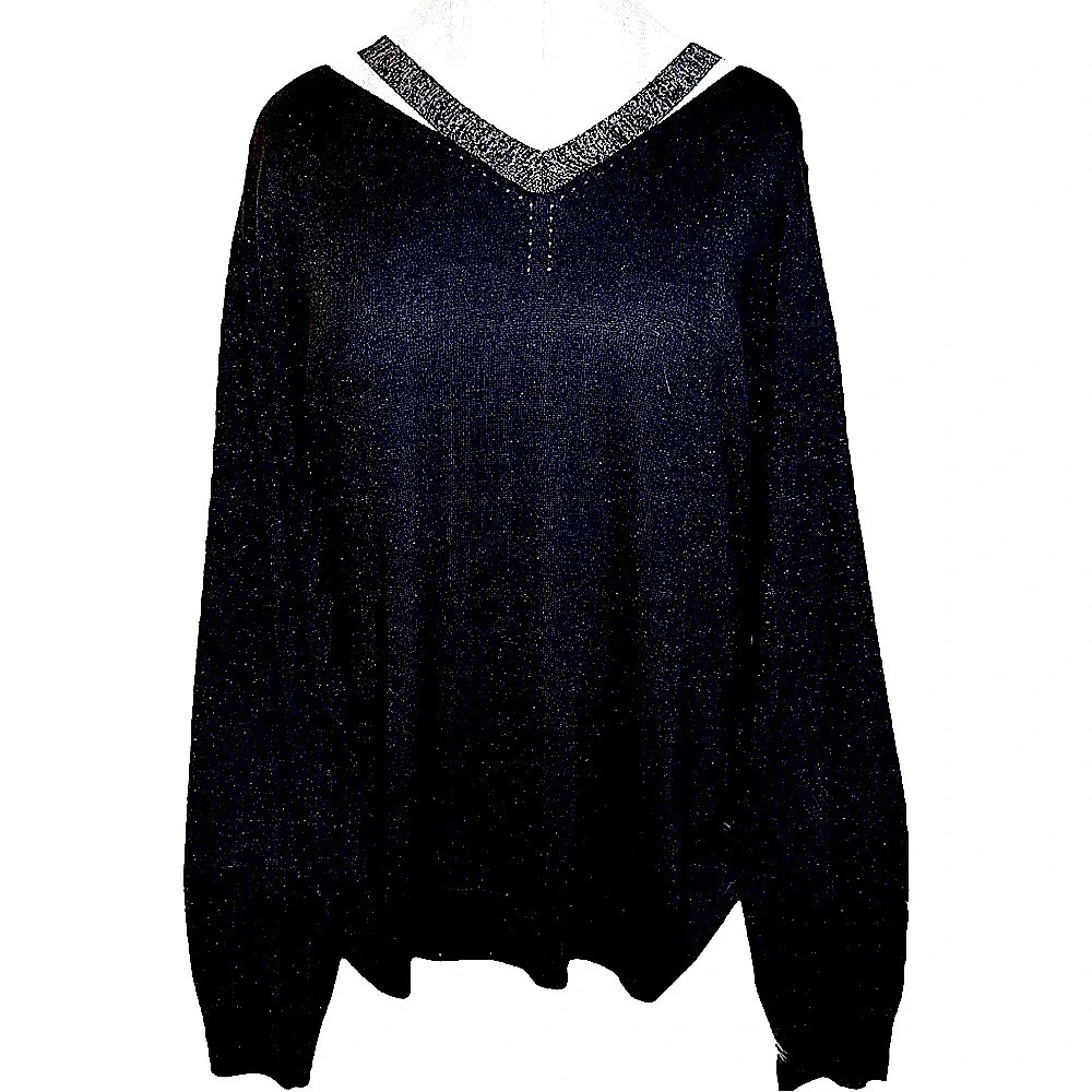 JOSEPH A. Black & Silver V-Neck Lightweight Sweater with Silver Cut-Out Accents